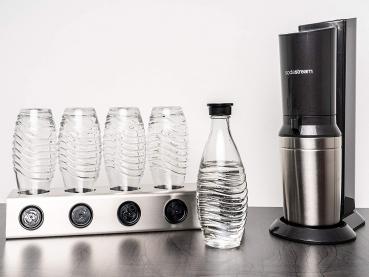 Two in ONE Abtropfhalter und Spülmaschineneinsatz - 5 fach - aus Edelstahl kompatibel mit Sodastream Crystal & Emil Flaschen - Flaschenhalter mit praktischer Deckelhalterung